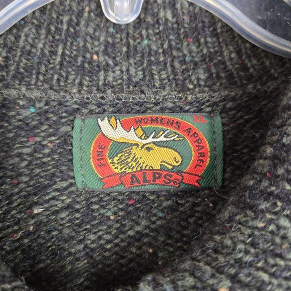 Vtg Alps Wool Blend Cardigan Sweater XL Heather Black Floral Trim - Picture 3 of 5